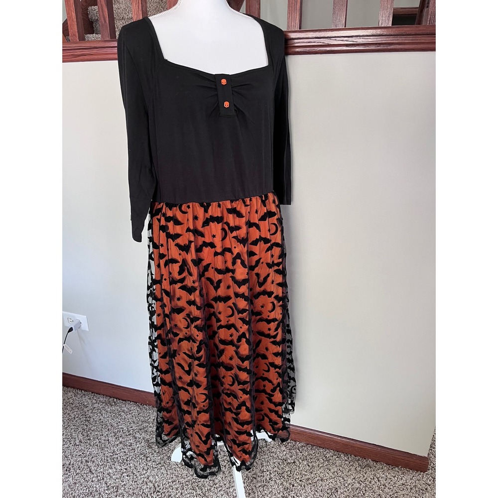 BloomChic Halloween Bat Moon Mesh Midi Dress Black Orange Skull Buttons Sz 18-20